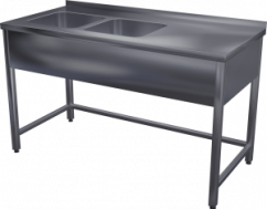Nerezový mycí stůl se dvěma lisovanými dřezy, odkládací plochou a trnoží
